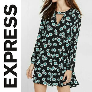 EXPRESS Cutout Pintucked Trapeze Floral Black Dress, Long Sleeve, Lined, XS